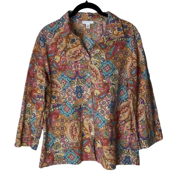 Charter Club Button Down Shirt 3/4 sleeves Paisley print 100% cotton size 14 - Picture 1 of 16